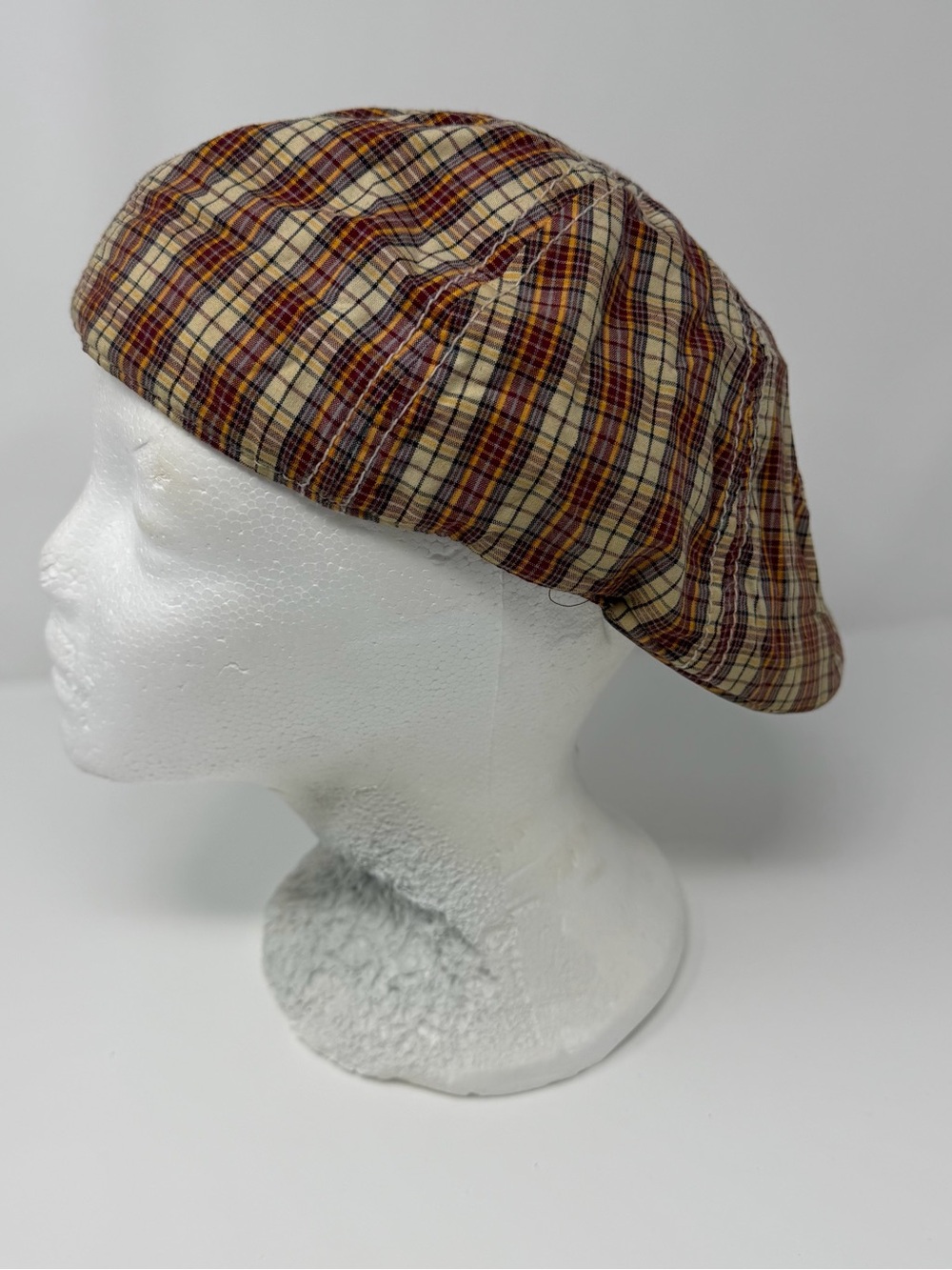 Cotton Plaid Newsboy Cap - Beige, Brown & Burgundy